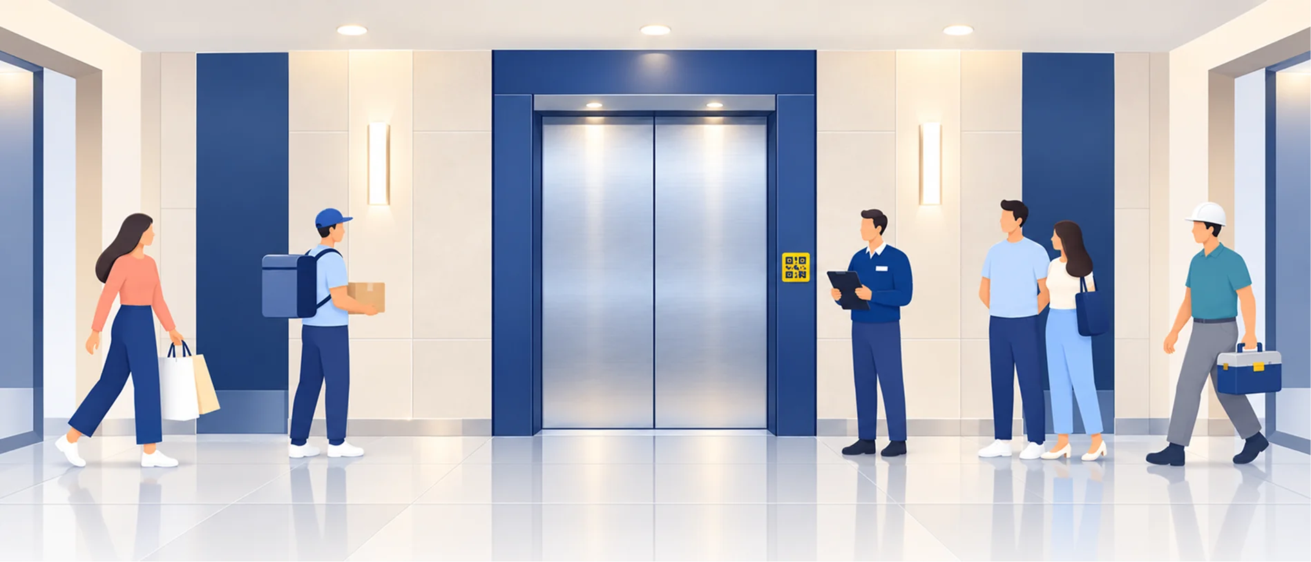 A lift lobby showing how many different people pass a QR-coded lift door each day, from residents to visitors to facility managers