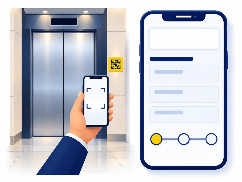 Customer portal showing QR code fault reporting on a lift