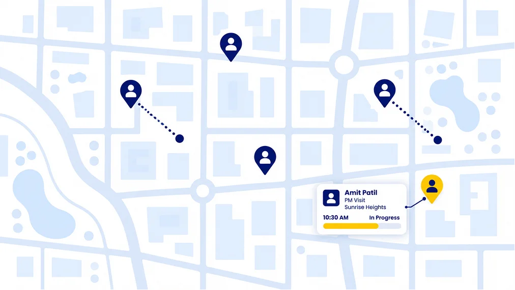 Field tracking map showing live technician locations and route lines